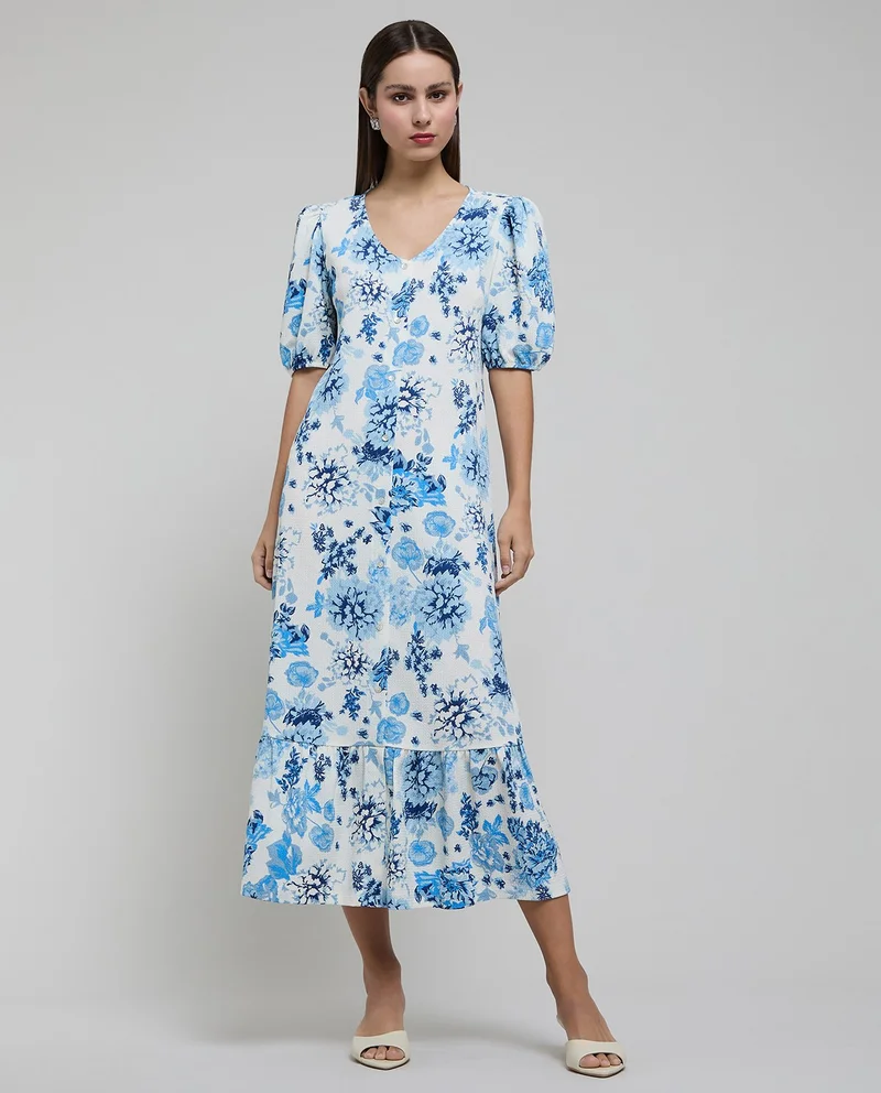 Printed A-Line V-Neck Puff Sleeve Dress
