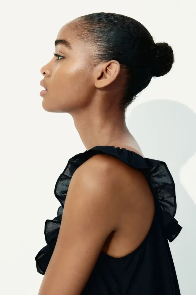 Black Tiered Midi Dress with Asymmetric Hem and Frill Trim – image 4