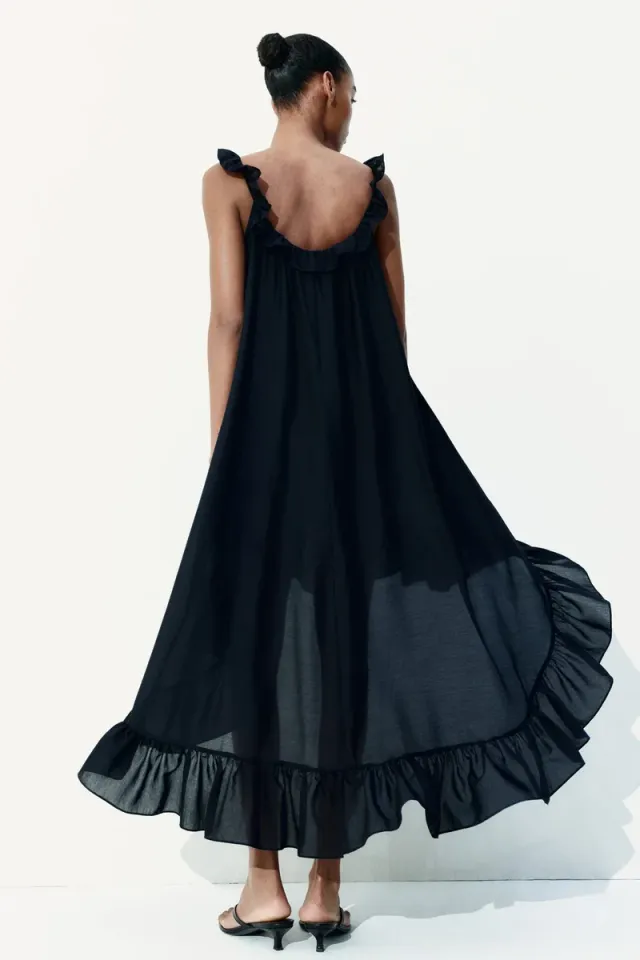 Black Tiered Midi Dress with Asymmetric Hem and Frill Trim – image 5
