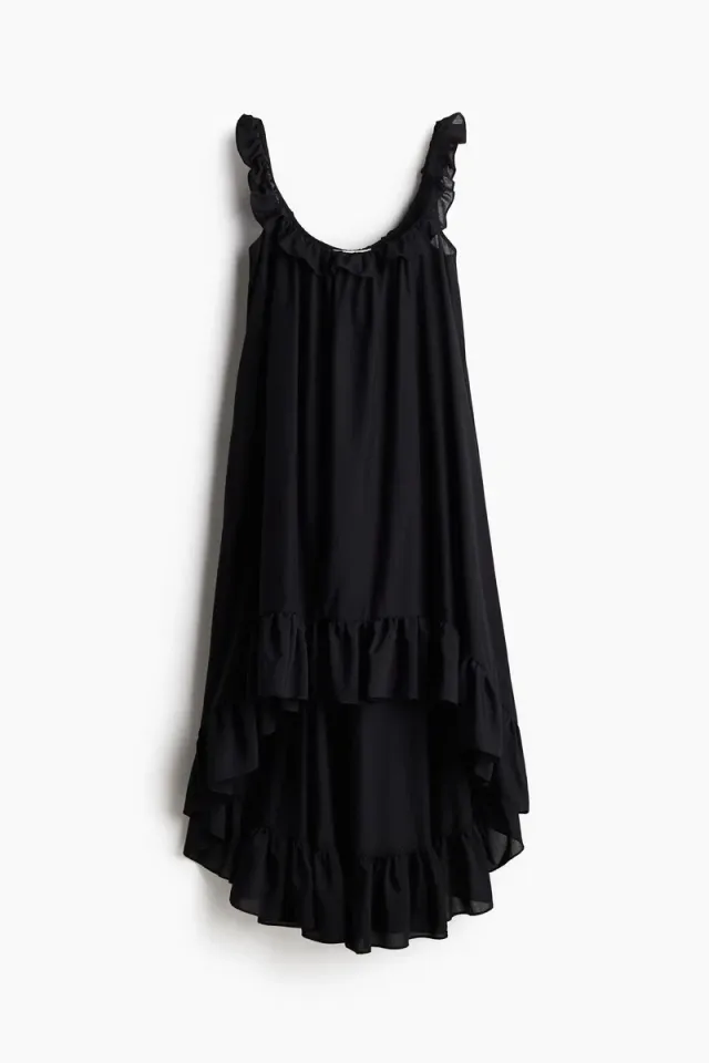 Black Tiered Midi Dress with Asymmetric Hem and Frill Trim – image 6