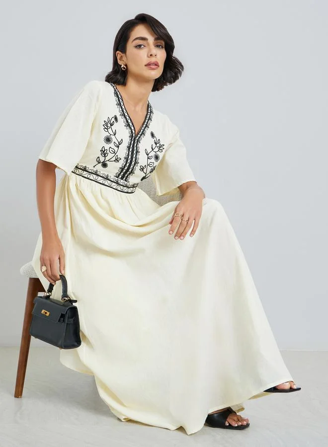 Embroidered A-Line Maxi Dress Cream