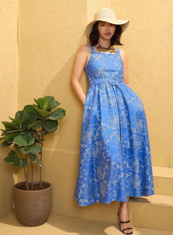 Strappy Floral Print Midi Dress Blue
