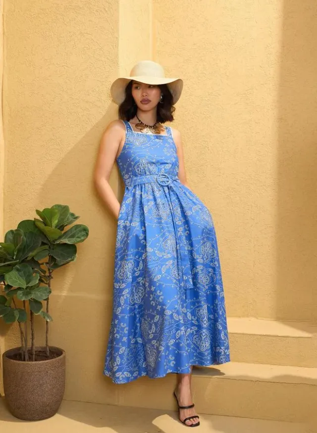 Strappy Floral Print Midi Dress Blue – image 5