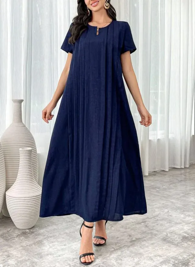 Women's Pleated Round Neck Maxi Dress