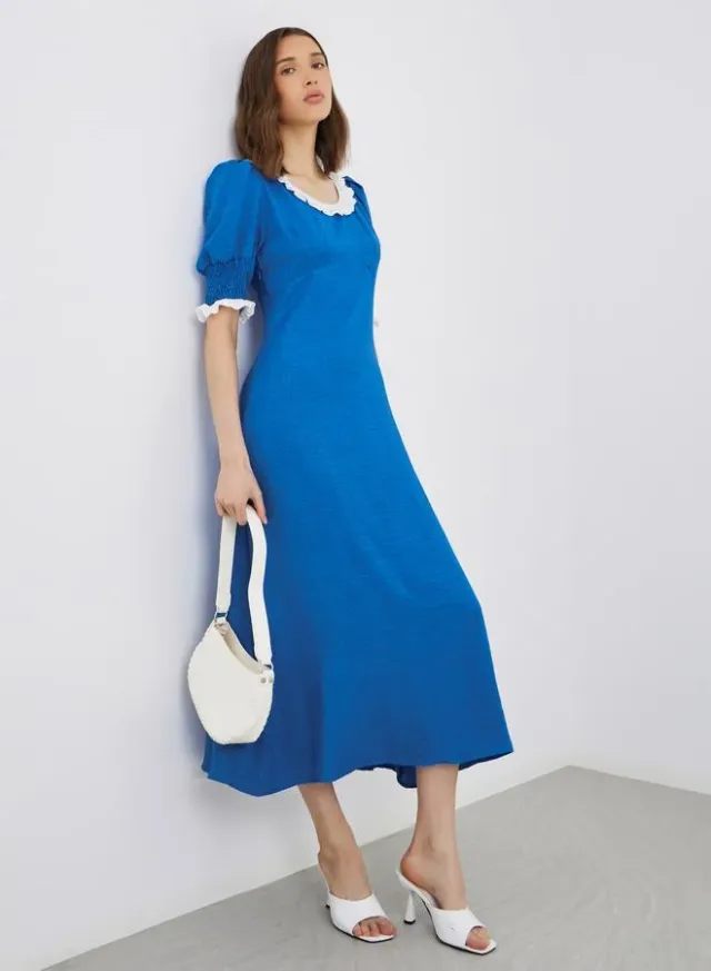 Textured Smocked Lace Trim A-Line Midi Dress