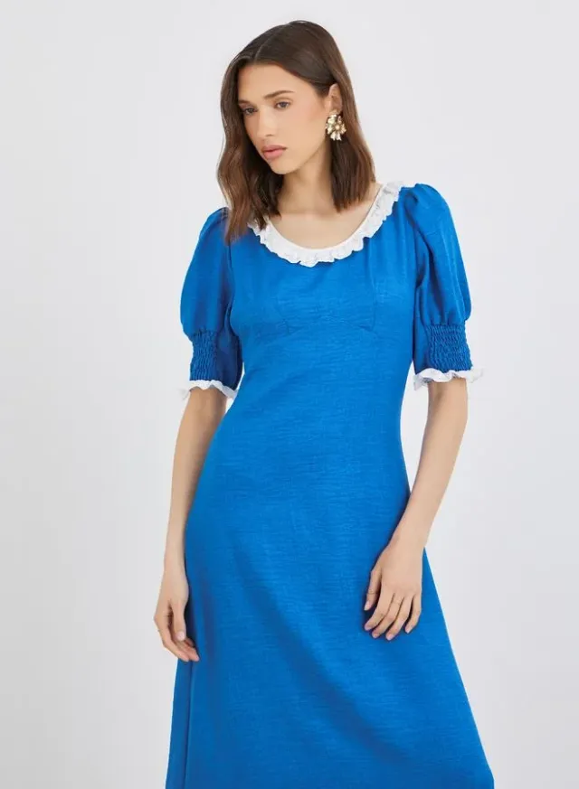 Textured Smocked Lace Trim A-Line Midi Dress – image 3