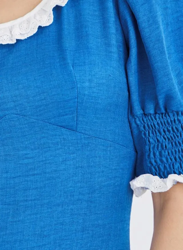 Textured Smocked Lace Trim A-Line Midi Dress – image 4