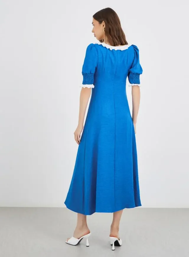 Textured Smocked Lace Trim A-Line Midi Dress – image 5