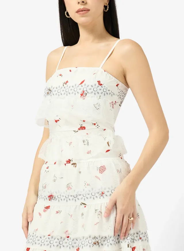 White Floral Printed Tiered Maxi Dress - Square Neck, Sleeveless – image 3
