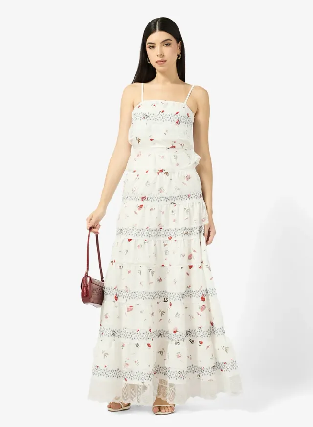 White Floral Printed Tiered Maxi Dress - Square Neck, Sleeveless – image 4