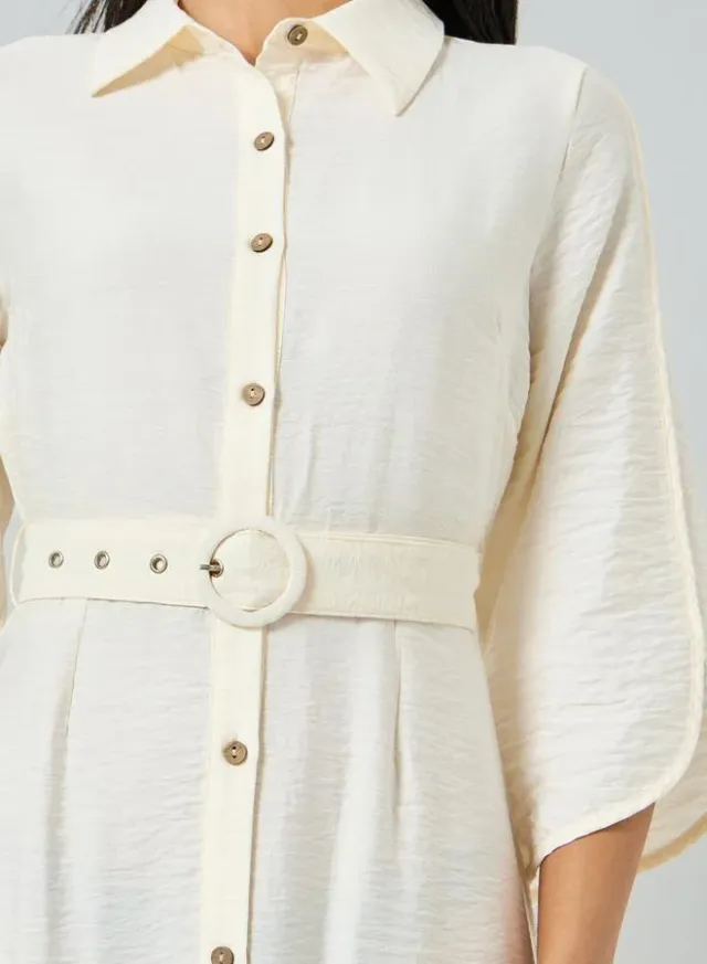 Off-White Textured Maxi Dress with Belt, 3/4 Sleeves, Collar, Regular Fit – image 4