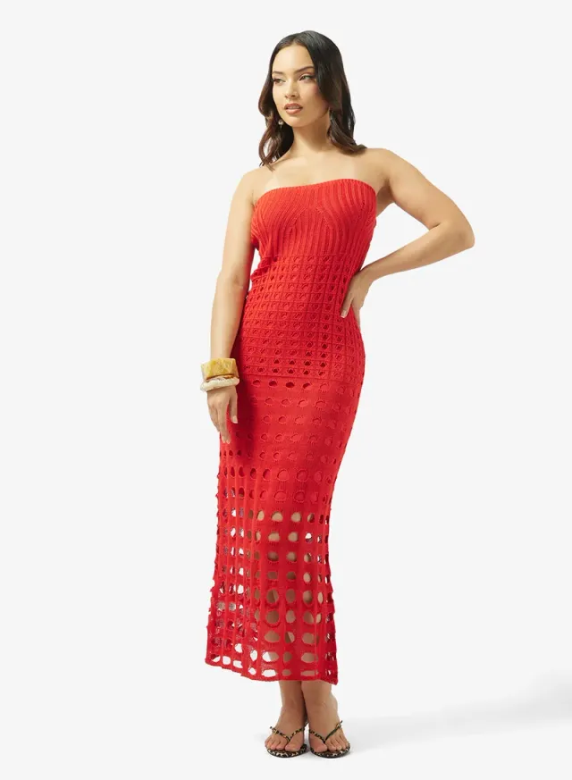 Bright Red Off-Shoulder Openwork Bodycon Midi Dress – image 4