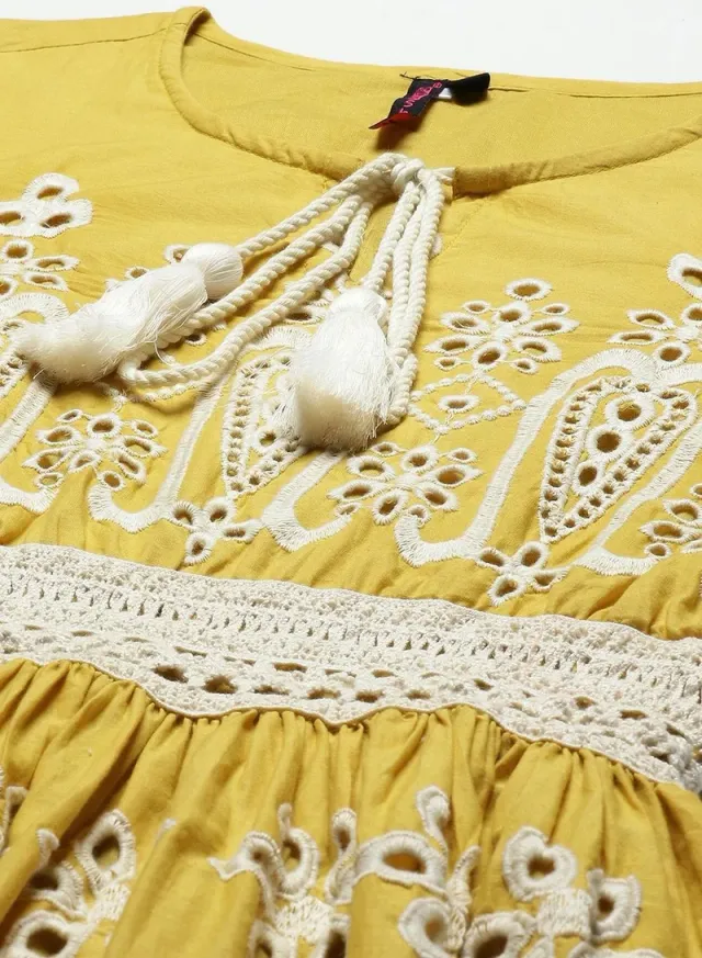 Embroidered Cotton Midi Smock Straight Fit Dress Mustard – image 2
