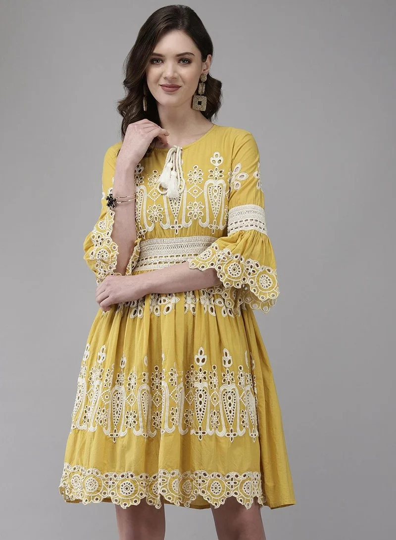 Embroidered Cotton Midi Smock Straight Fit Dress Mustard