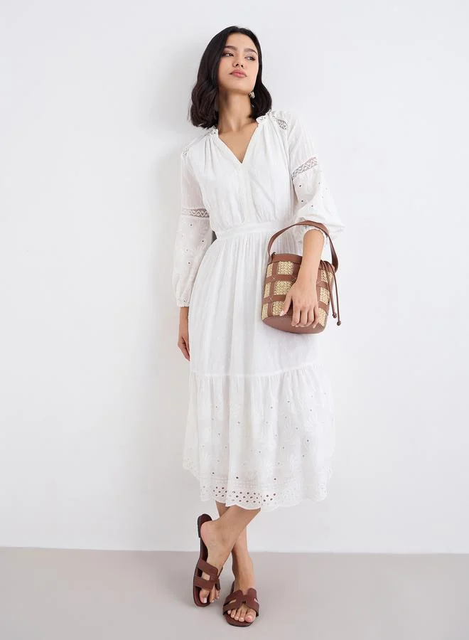 Embroidered A-Line Midi Dress White