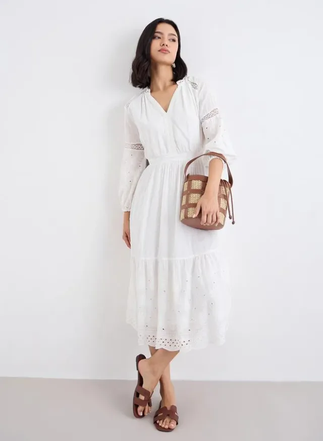 Embroidered A-Line Midi Dress White