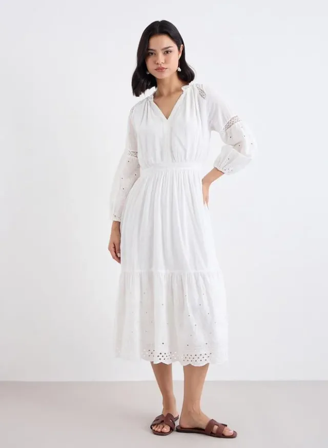 Embroidered A-Line Midi Dress White – image 2