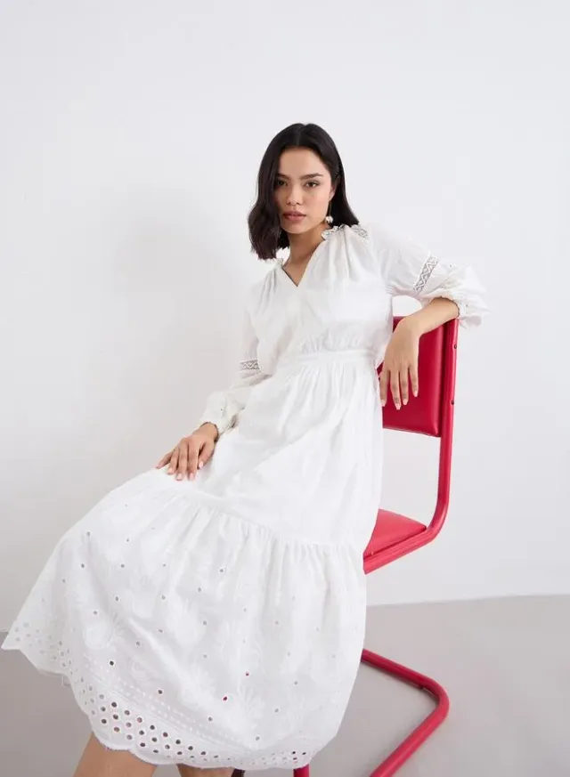 Embroidered A-Line Midi Dress White – image 5
