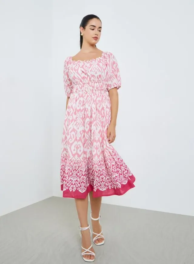 Printed Ruched A-Line Midi Dress Pink – image 2