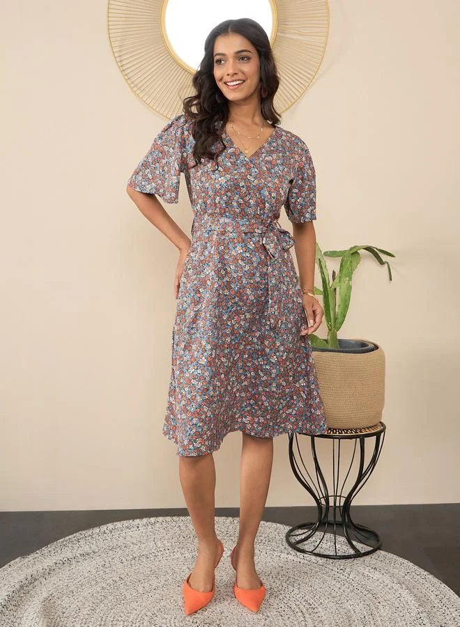 Floral Print V-Neck Wrap Knee Length Dress