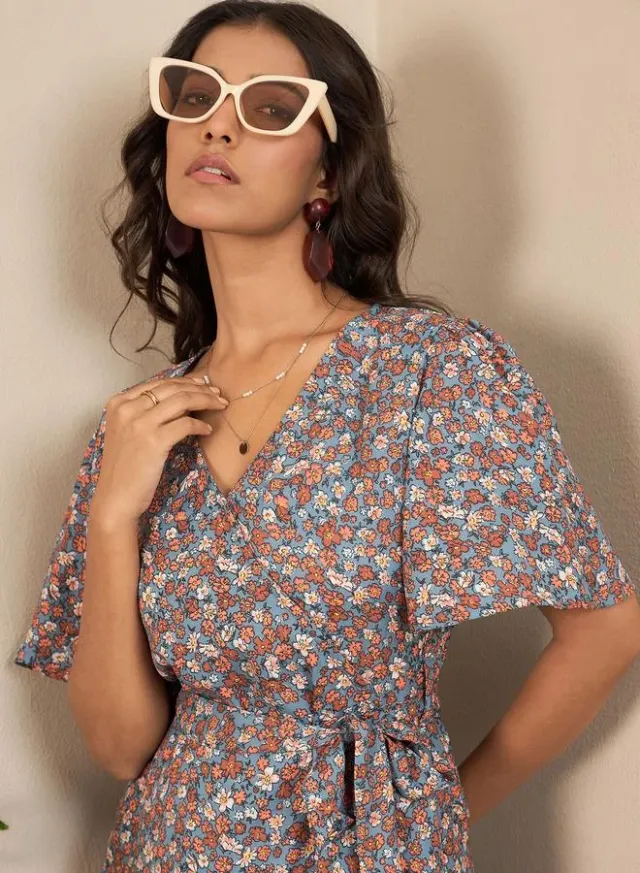 Floral Print V-Neck Wrap Knee Length Dress – image 6