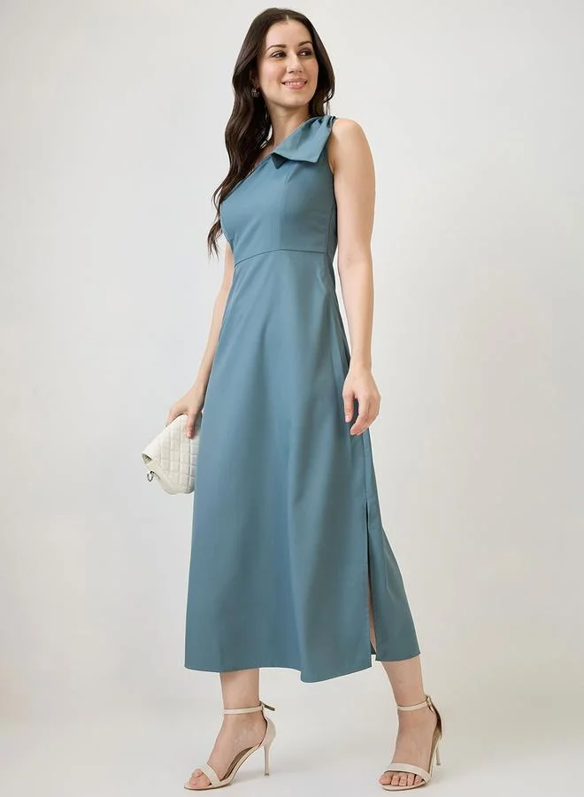 One Shoulder Side Slit A-Line Maxi Dress Blue
