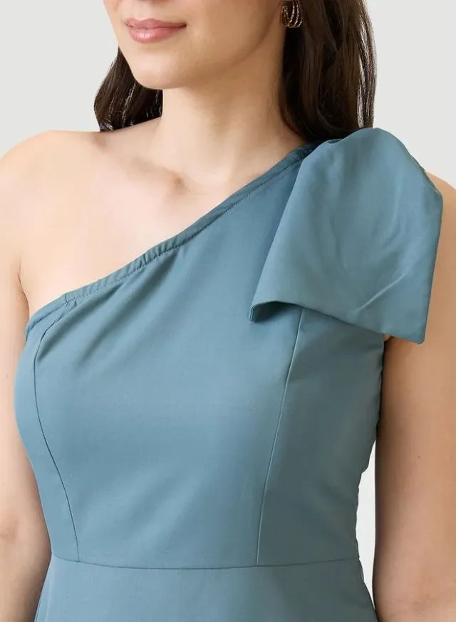 One Shoulder Side Slit A-Line Maxi Dress Blue – image 4