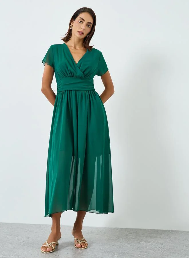 Women's V-Neck Pleated Maxi Dress Green