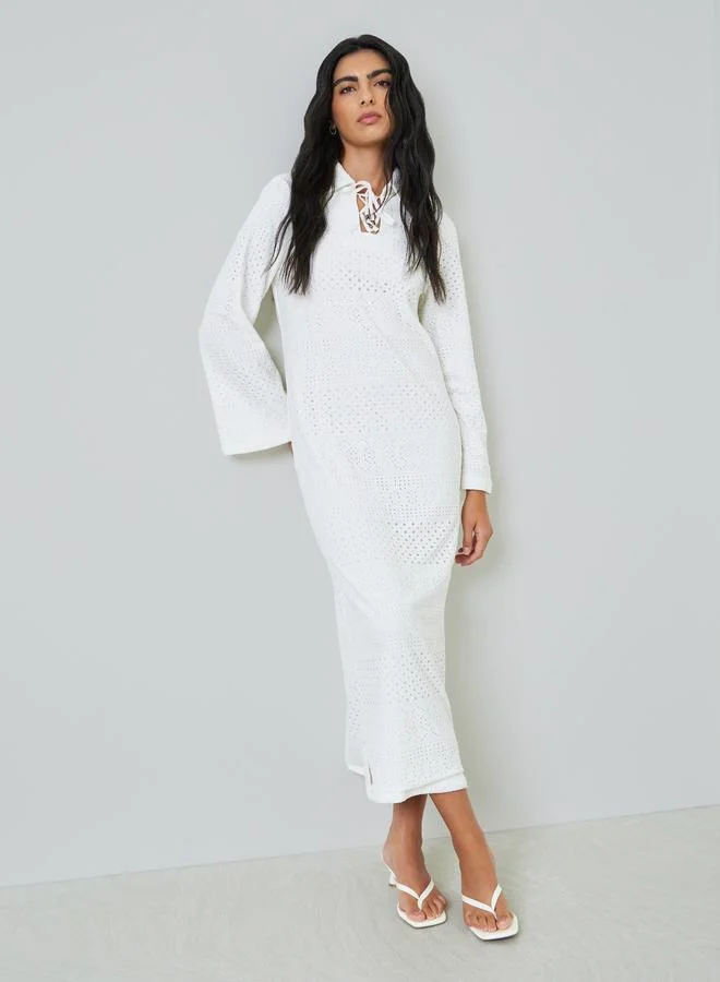 Eyelet Long Sleeve Shirt Maxi Dress White