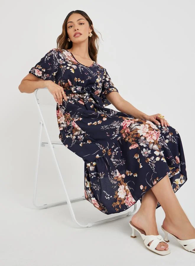 Floral Ruffle A-Line Midi Dress Blue
