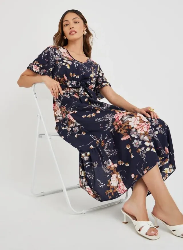 Floral Ruffle A-Line Midi Dress Blue