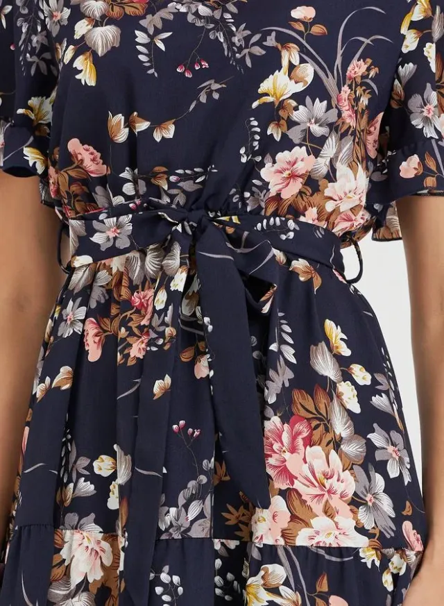 Floral Ruffle A-Line Midi Dress Blue – image 4