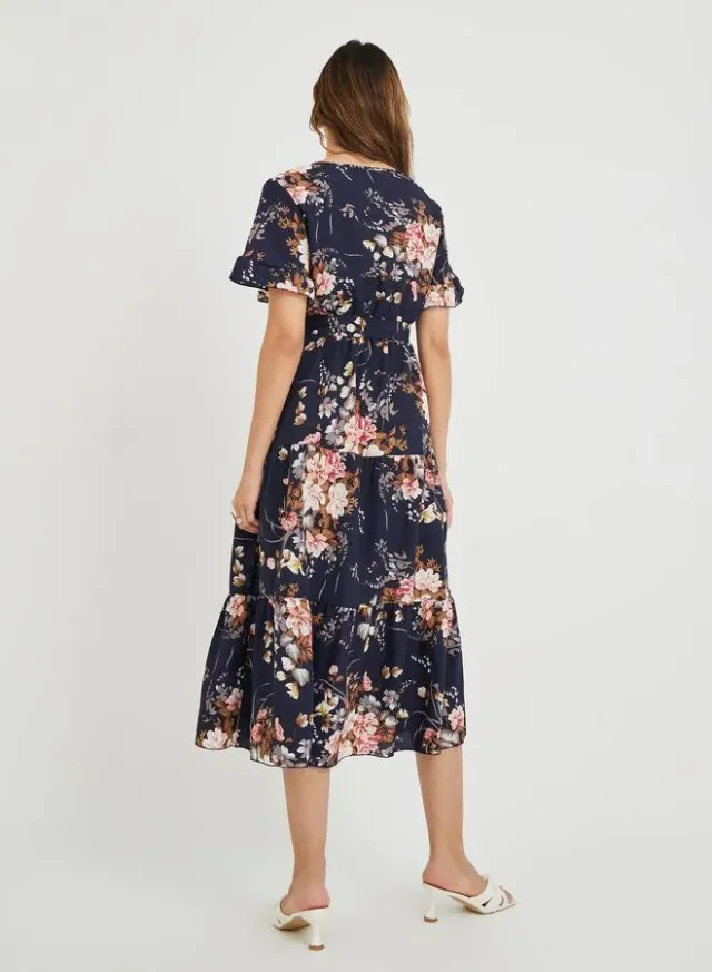 Floral Ruffle A-Line Midi Dress Blue – image 5