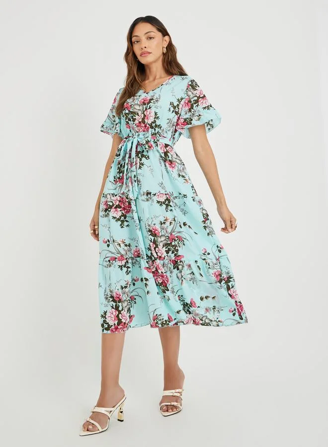 Floral Ruffle A-Line Midi Dress Blue