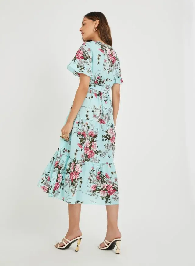 Floral Ruffle A-Line Midi Dress Blue – image 4