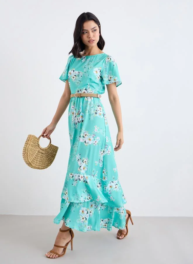 Floral Print Layered Maxi Dress Green