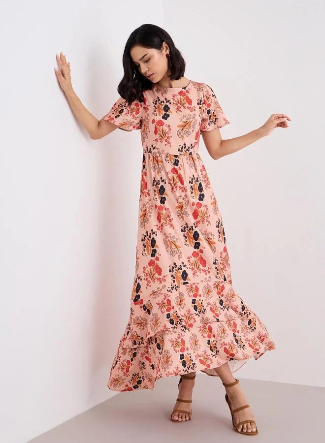 Floral Print Layered Maxi Dress Green