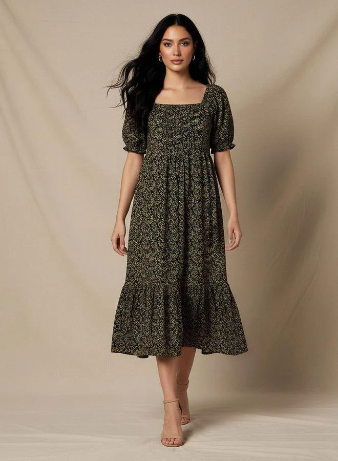 Square Neck Floral Midi Dress