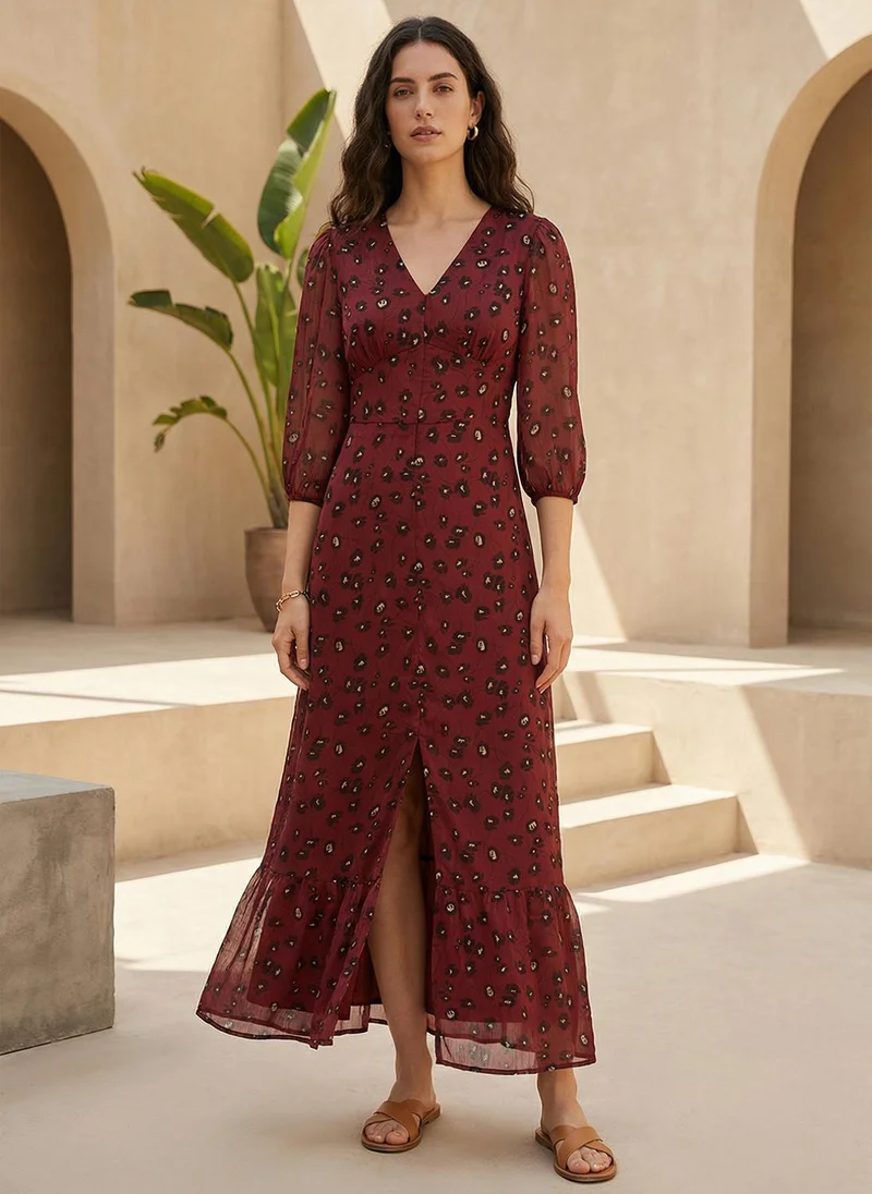 Globus Women's Floral Print A-Line Maxi Dress V-Neck Puff Sleeves Burgundy