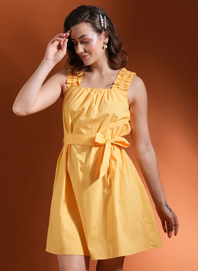 Ruched Square Neck Belted A-Line Mini Dress, Yellow
