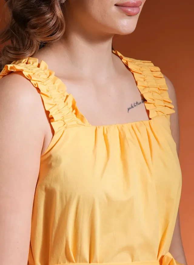 Ruched Square Neck Belted A-Line Mini Dress, Yellow – image 4