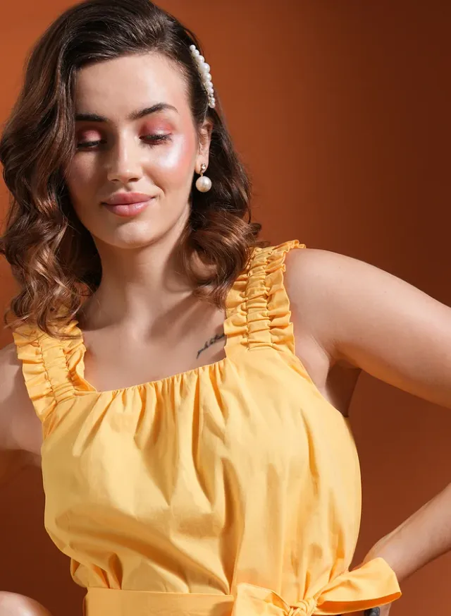 Ruched Square Neck Belted A-Line Mini Dress, Yellow – image 5
