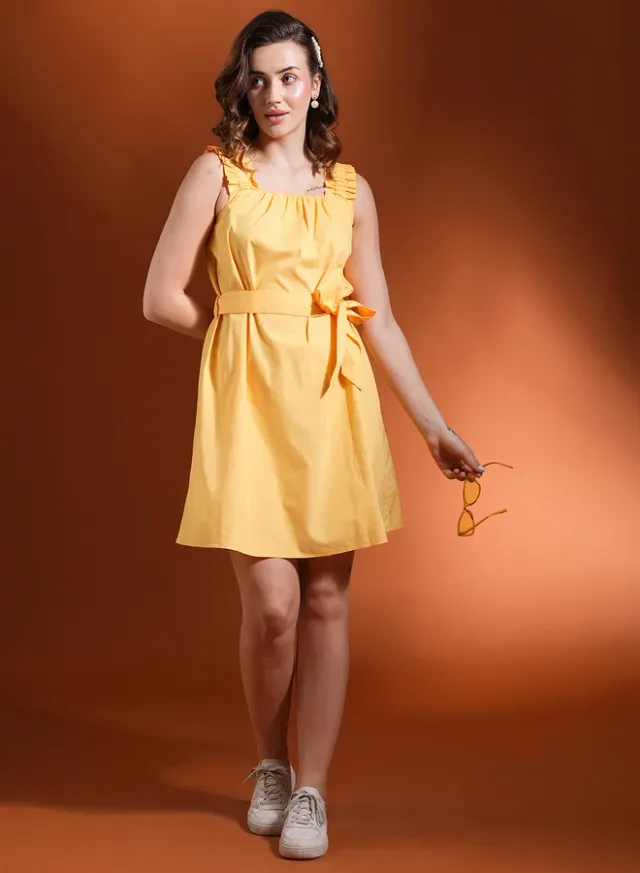 Ruched Square Neck Belted A-Line Mini Dress, Yellow – image 6