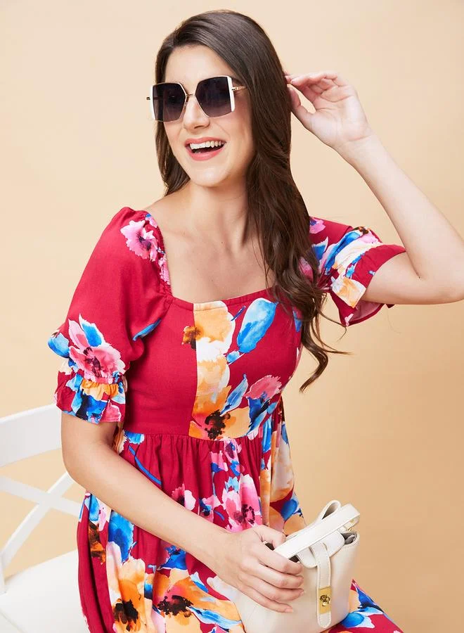 Women's Floral Print Puff Sleeve Smocked Back A-Line Mini Dress
