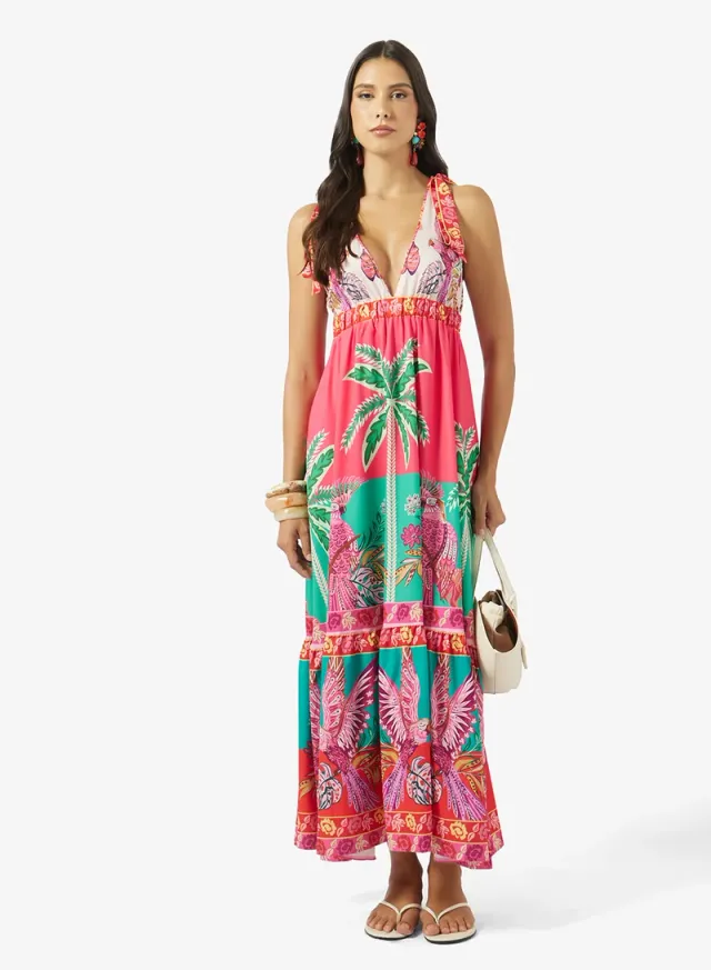 Soleira Women's Maxi Beach Dress, V Neck, Sleeveless, Tiered, Tropical Print – image 4