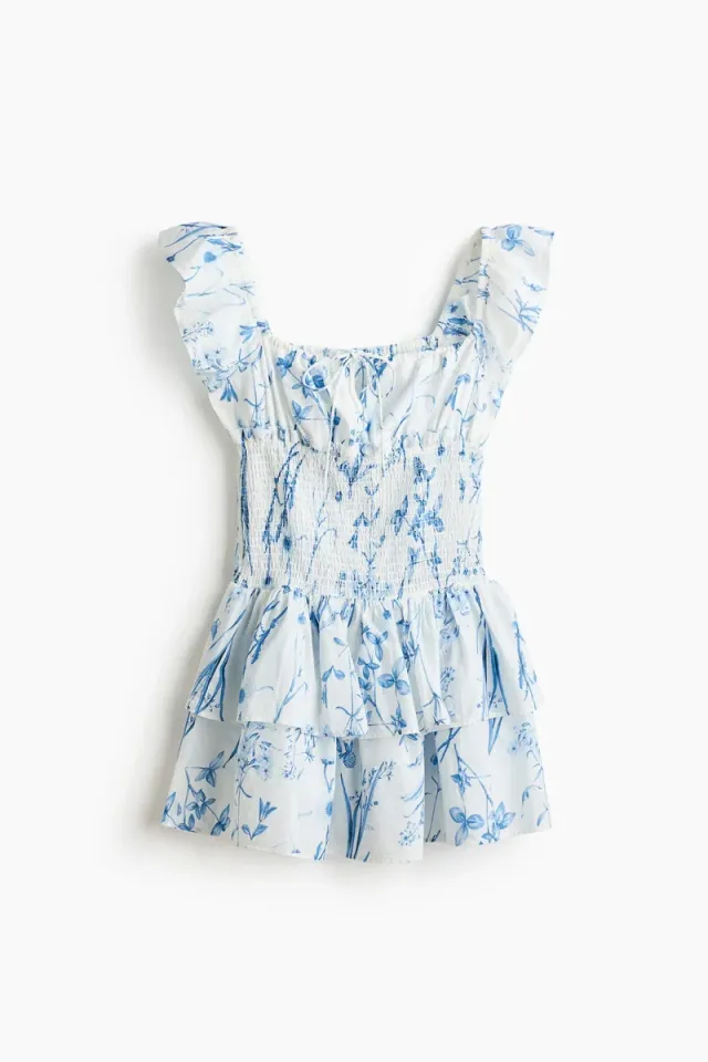 White and Blue Floral Mini Smocked-Waist Tiered Dress – image 4
