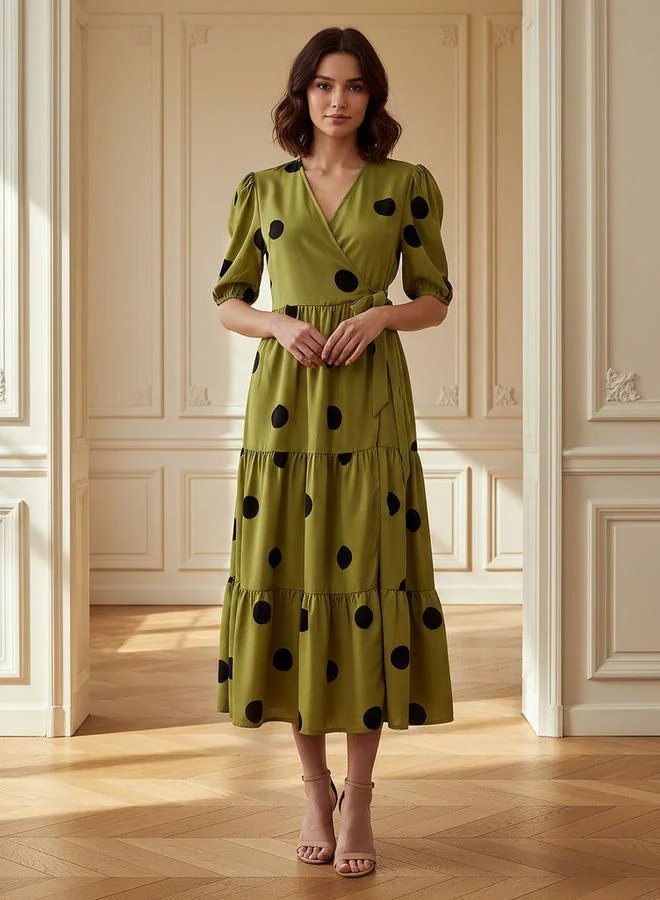 Polka Dot Short Sleeve Tie-Up Tiered Midi Dress