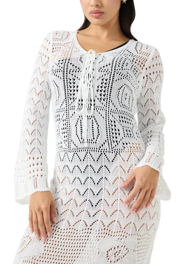 White Crochet Long-Sleeve Bodycon Beach Dress with Tie-Up Detail – image 3