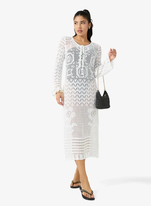 White Crochet Long-Sleeve Bodycon Beach Dress with Tie-Up Detail – image 4