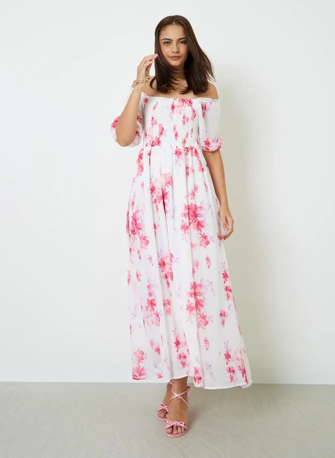 Off Shoulder Floral Maxi Dress White